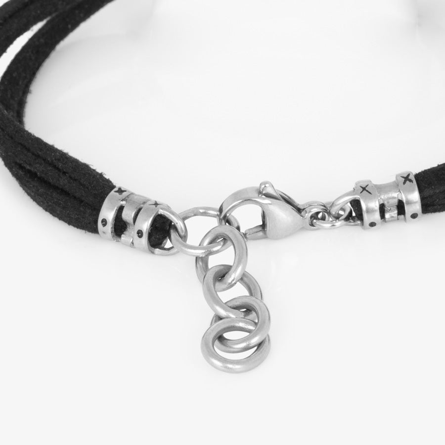 Silver tone adjustable chain on the black faux suede medical ID bracelet.