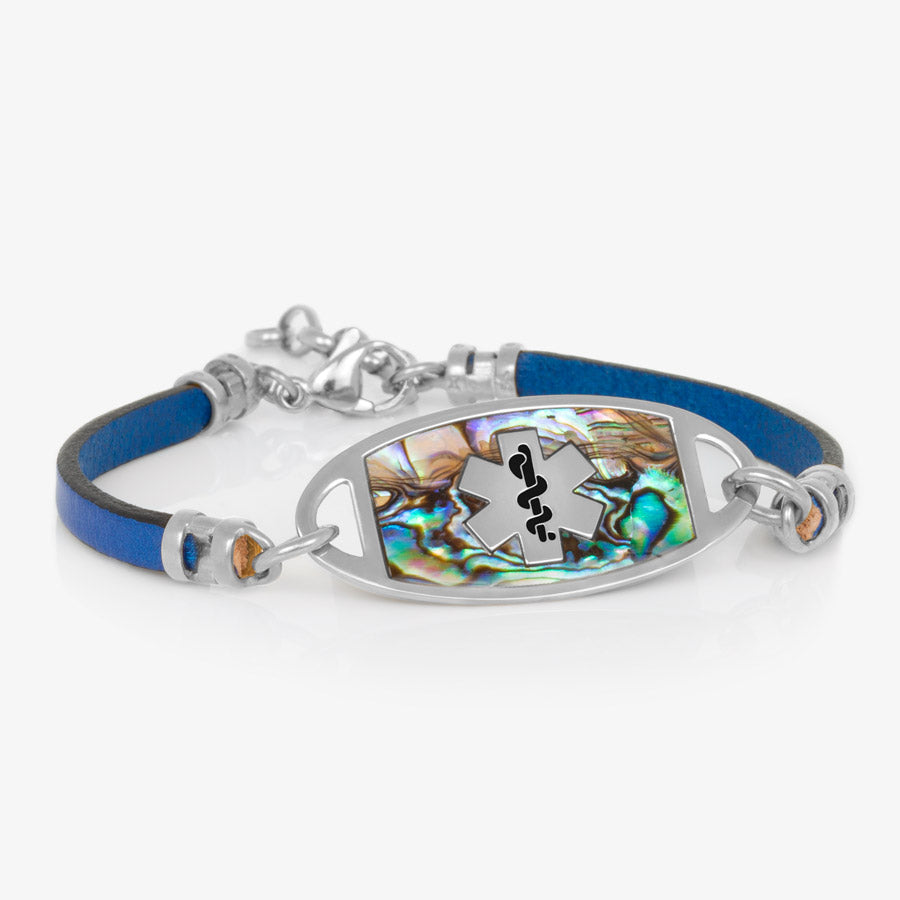 Navy blue metallic leather medical ID bracelet with silver accents paired with stainless steel med ID tag with abalone inlay.