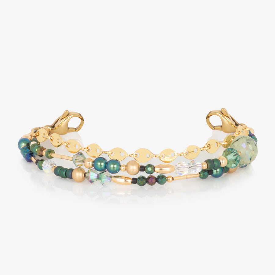 Gold and green beaded multi-strand medical ID bracelet finished with gold tone stainless steel lobster clasps at each end.