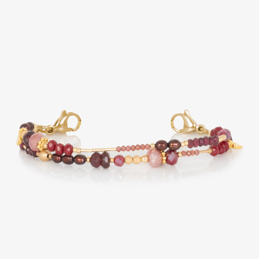 Ruby, garnet, and pink crystal and beaded multi-strand medical ID bracelet finished with gold tone stainless steel lobster clasps at each end.