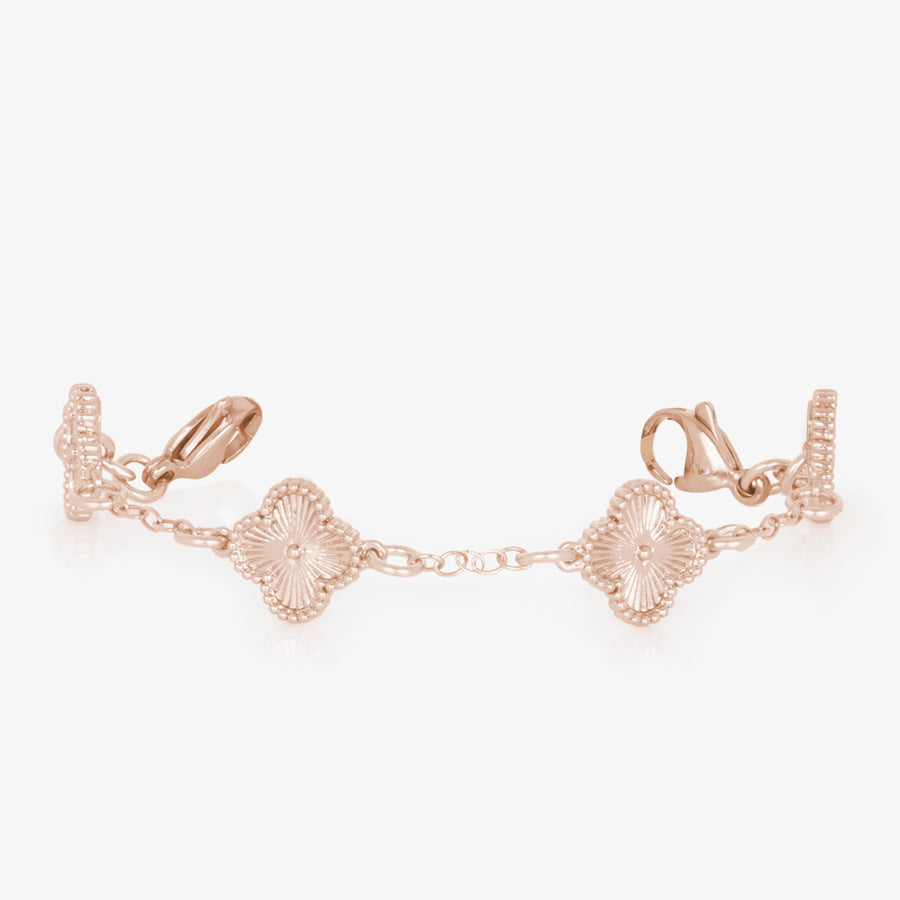 14k rose gold plated clover shaped medical ID bracelet with starburst textured inlay finished with rose gold tone stainless steel lobster clasps at each end.