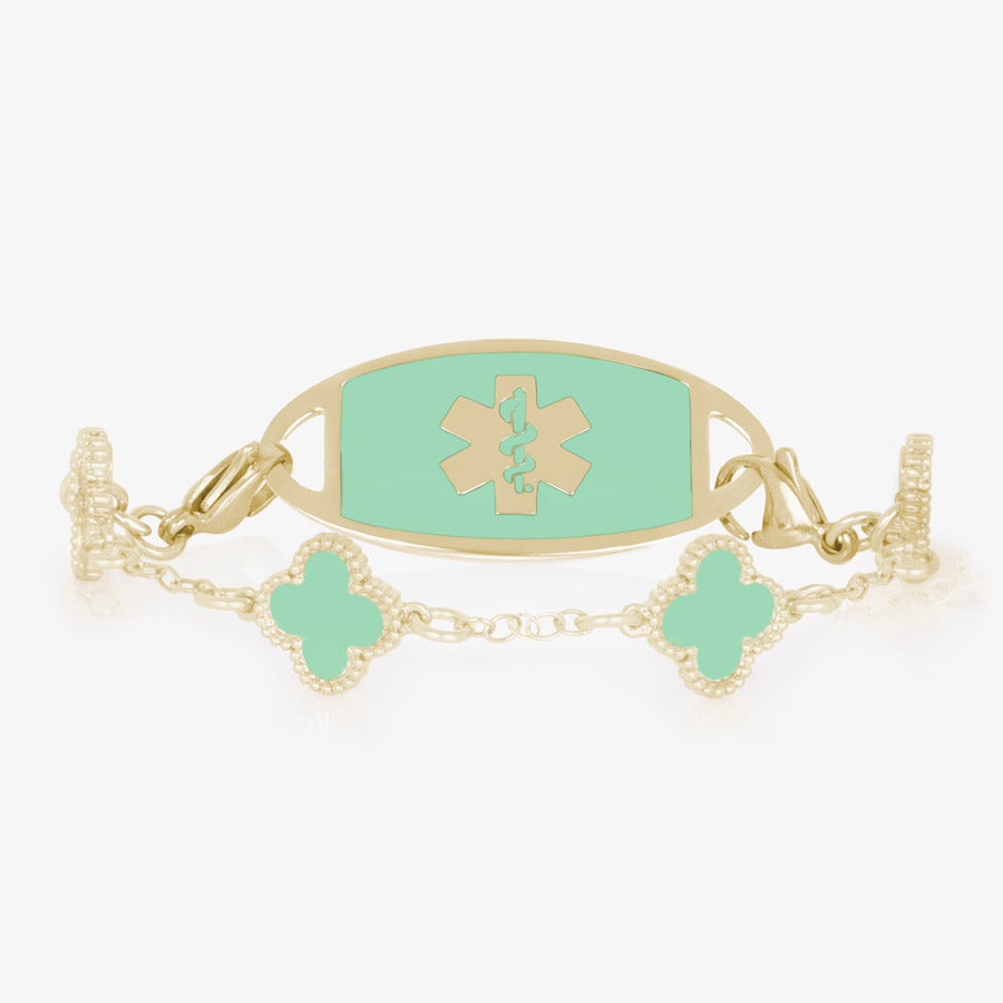 Gold and mint green medical ID chain bracelet with clover shaped links