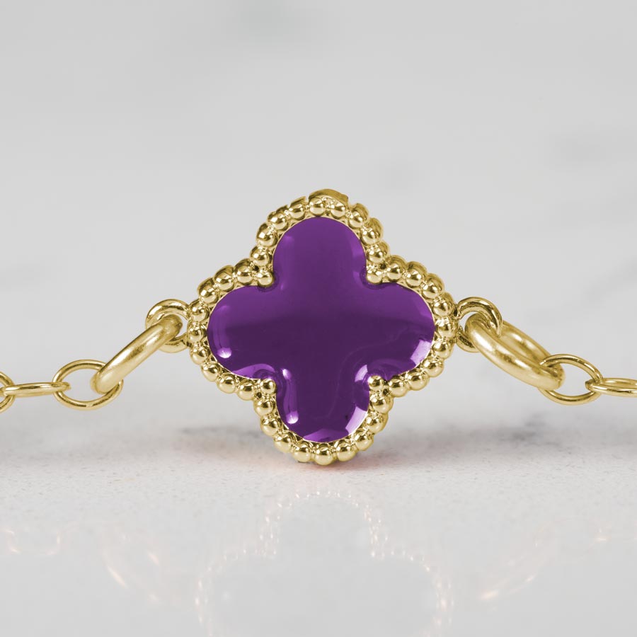 12k gold plated clover shaped medical ID bracelet with berry inlay.