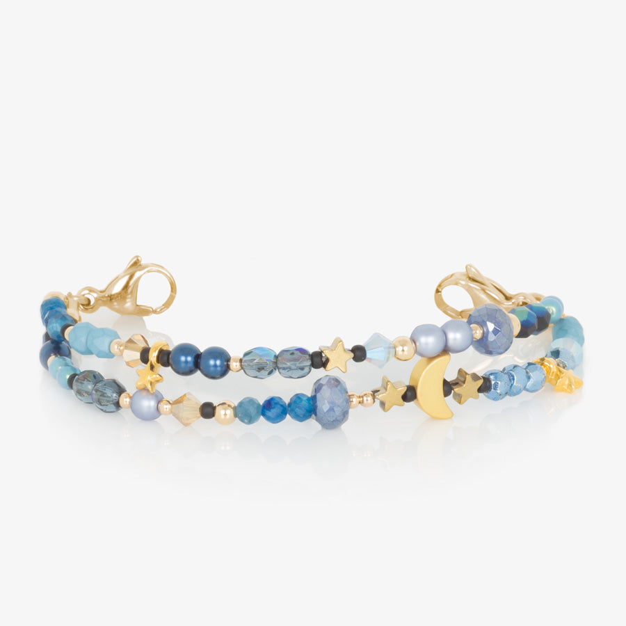 Navy, periwinkle and gold beaded medical ID bracelet with gold tone moon and star charms finished with gold tone stainless steel lobster clasps at each end.