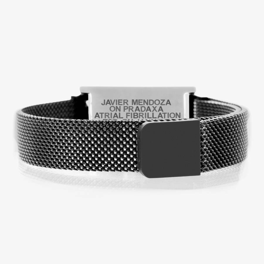 The back side of the black stainless steel medical ID bracelet with adjustable mesh band and magnetic clasp.