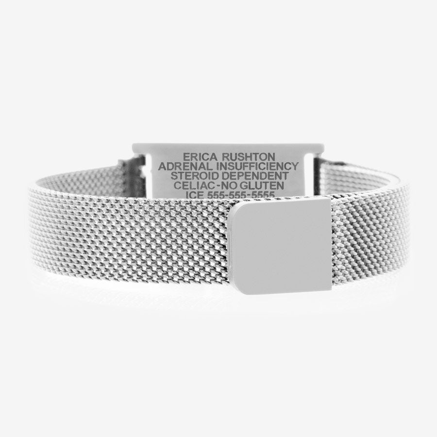 Magnetic clasp on stainless steel magnetic mesh med ID bracelet with premium laser engraving.