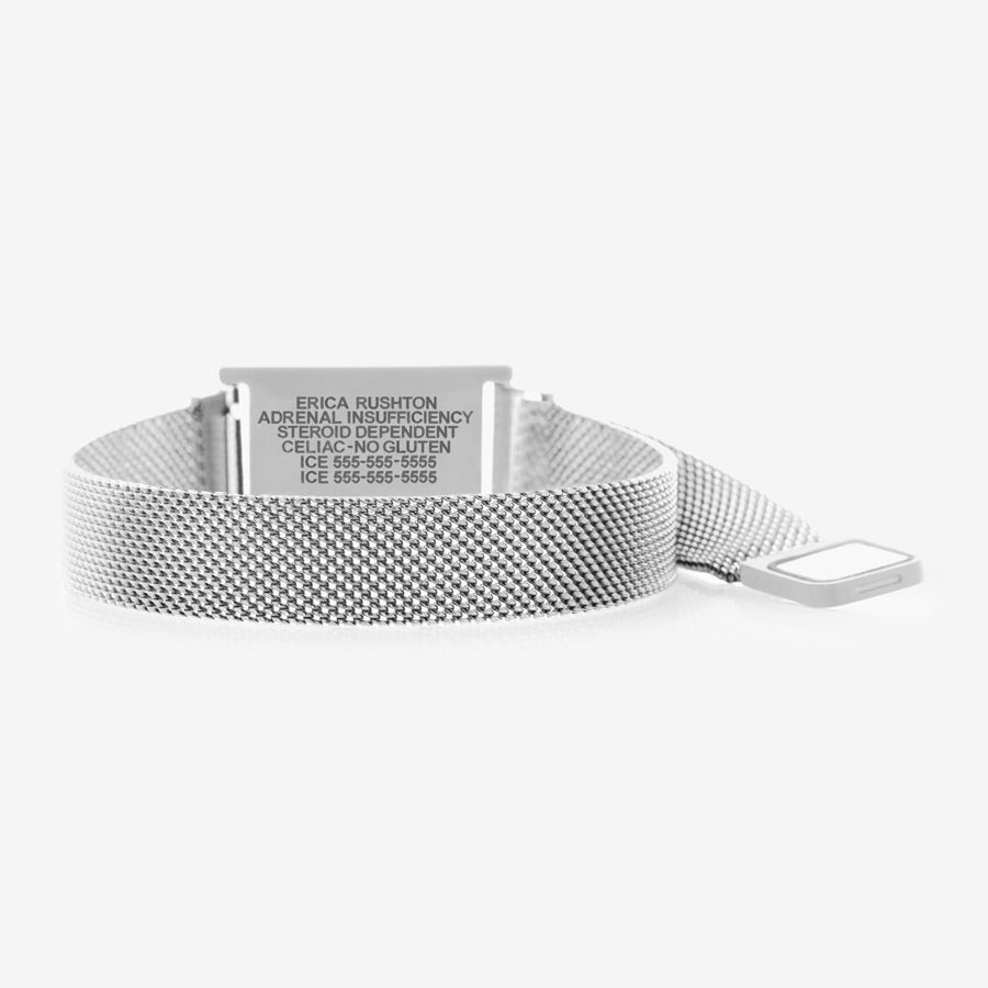 Magnetic clasp on stainless steel magnetic mesh med ID bracelet with premium laser engraving.