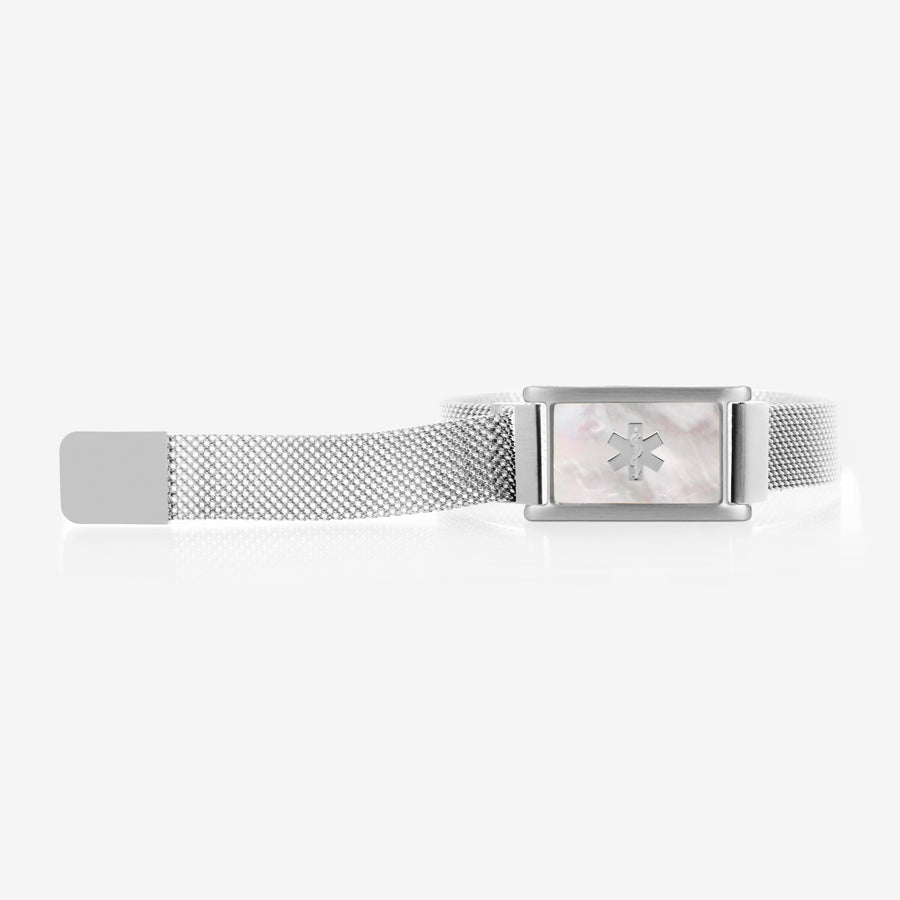 Adjustable, stainless steel magnetic mesh band paired with silver tone ID tag with natural mother of pearl inlay.