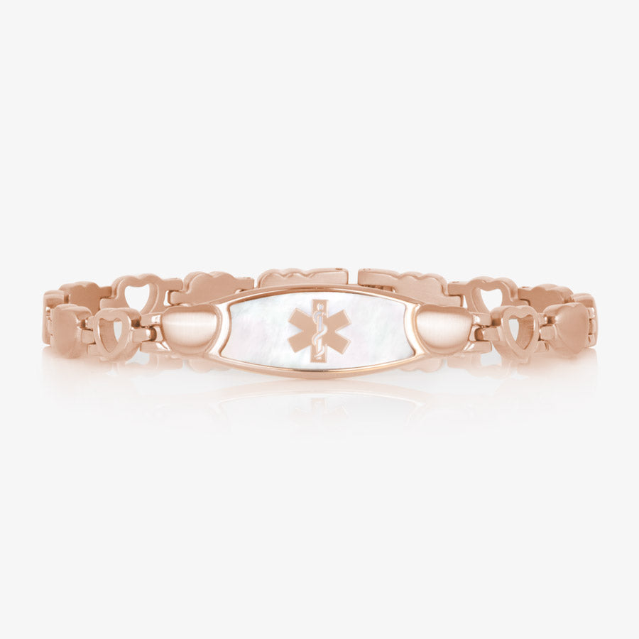 Feminine rose gold and mother of pearl stainless steel linked bracelet with rose gold medical caduceus symbol