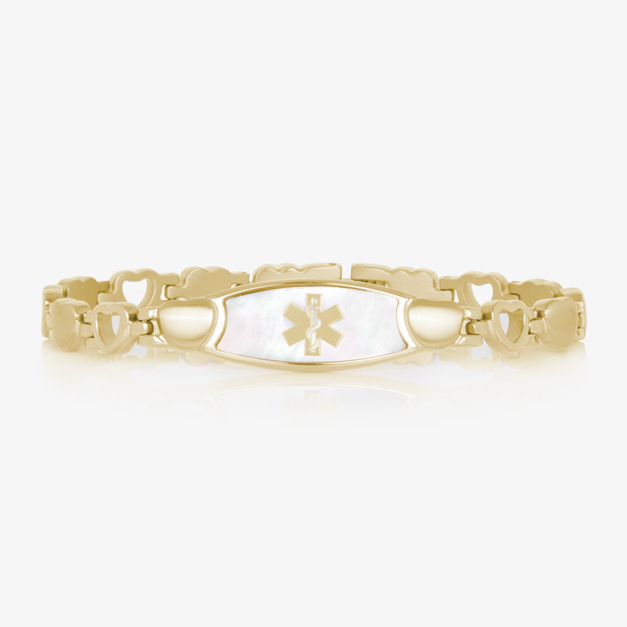 Feminine yellow gold toned and mother of pearl stainless steel linked bracelet with yellow gold medical caduceus symbol