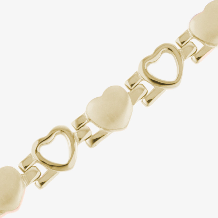 Mother of Pearl Love Links Medical ID Bracelet, plated yellow gold tone hearts, yellow gold medical caduceus symbol on affixed tag