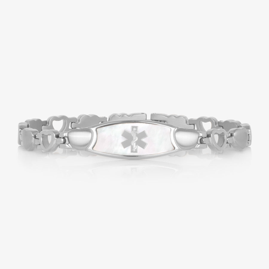 Feminine stainless steel linked bracelet with mother of pearl inlay medical ID tag