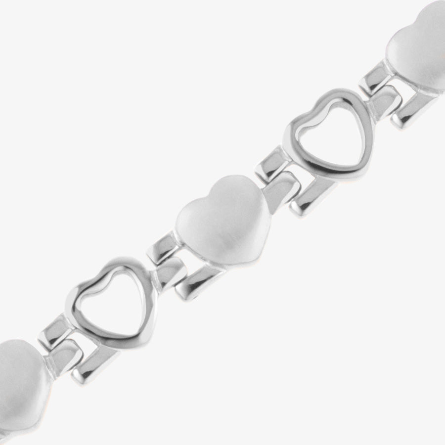 Mother of Pearl Love Links Medical ID Bracelet with stainless steel hearts and affixed medical ID tag with mother of pearl inlay