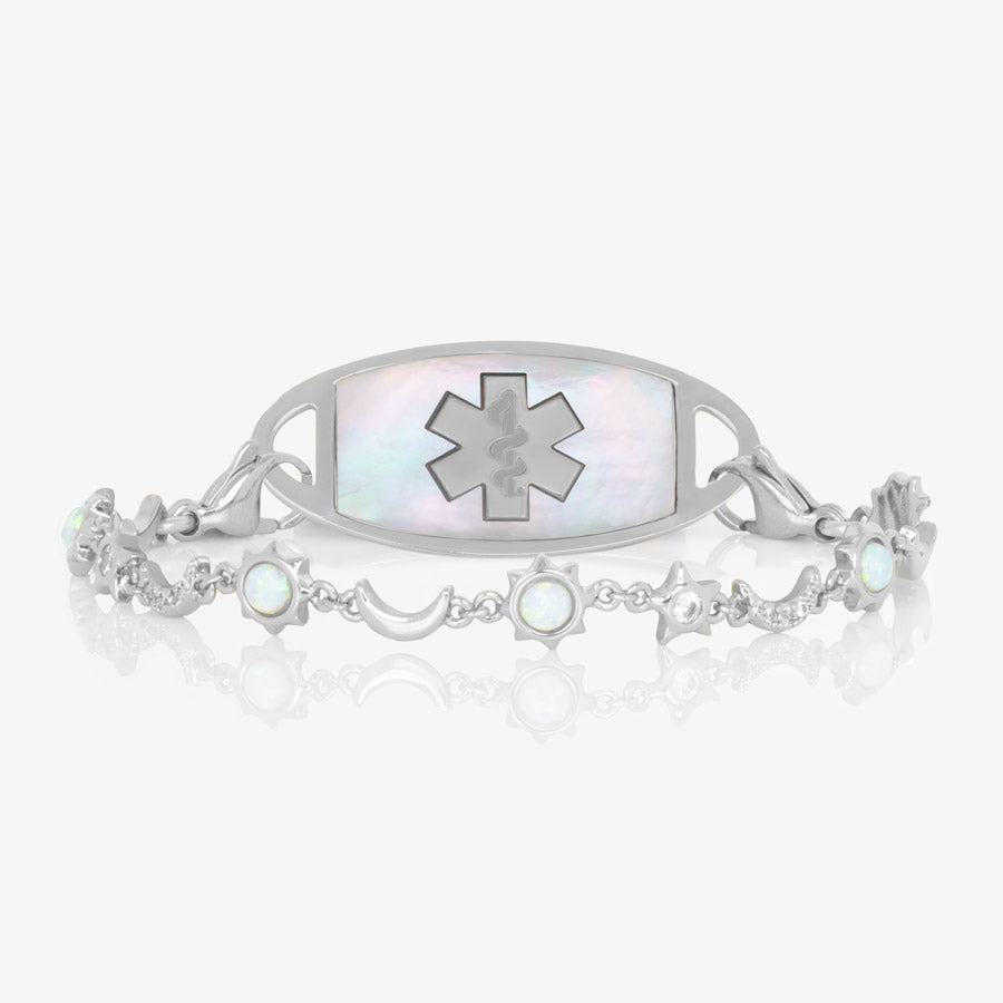 Silver medical ID chain with sun, moon, and stars links with opal and cubic zirconia inlay