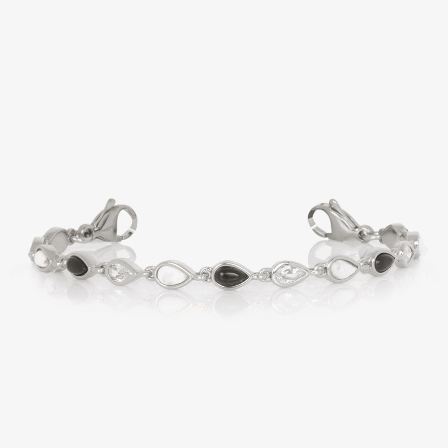 Rhodium and palladium plated medical ID bracelet with alternating teardrop links of black onyx, white howlite and clear cubic zirconia