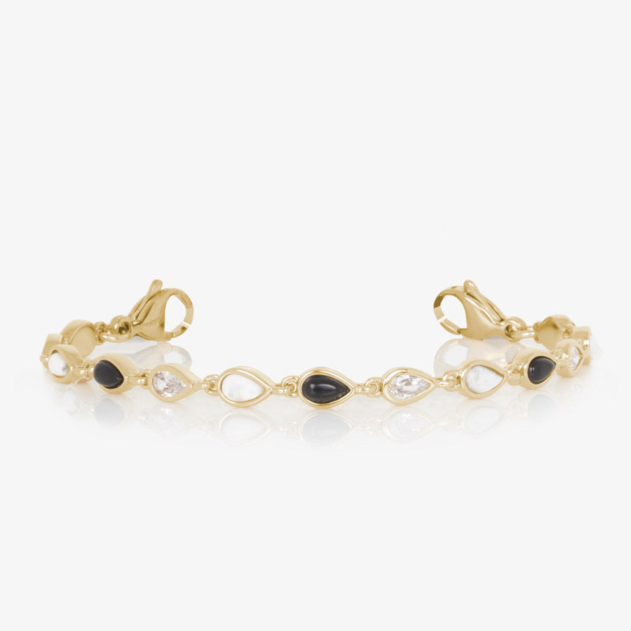 12K gold plated medical ID bracelet with alternating teardrop links of black onyx, white howlite and clear cubic zirconia