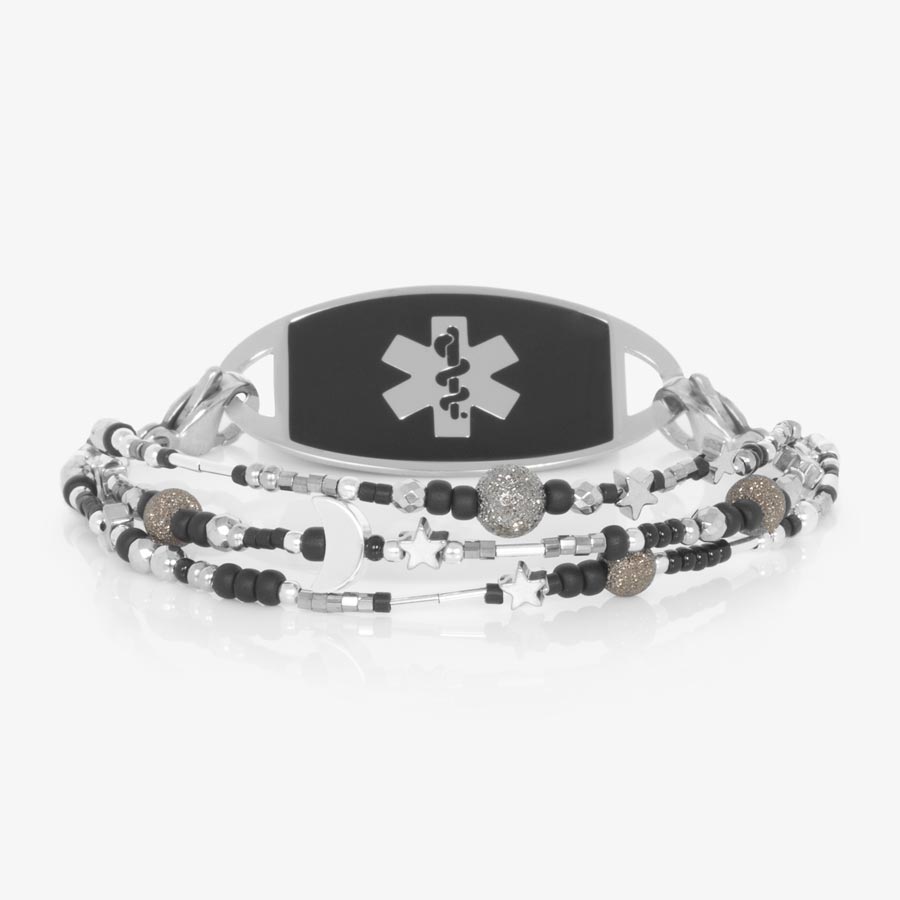 Black and silver beaded multi-strand medical ID bracelet paired with stainless steel medical ID tag with black inlay