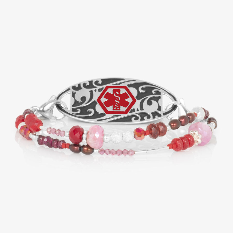 Red and pink beaded medical ID bracelet paired with Oval Filigree medical ID tag