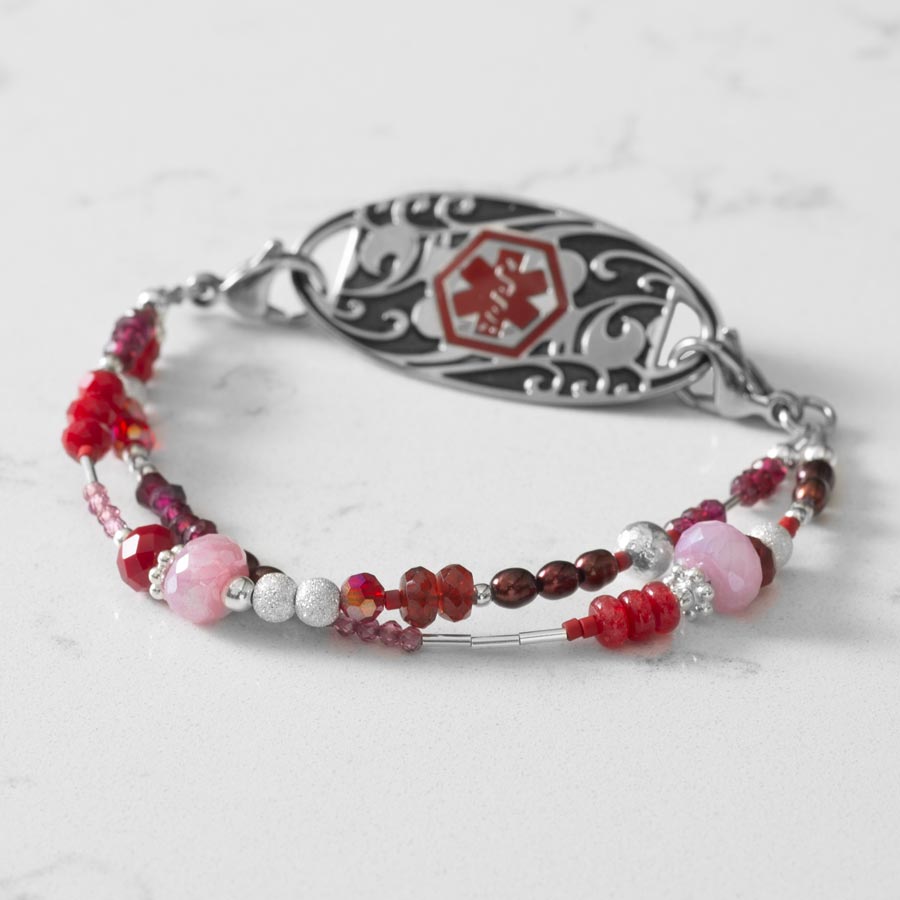 Red and pink beaded medical ID bracelet paired with Oval Filigree medical ID tag