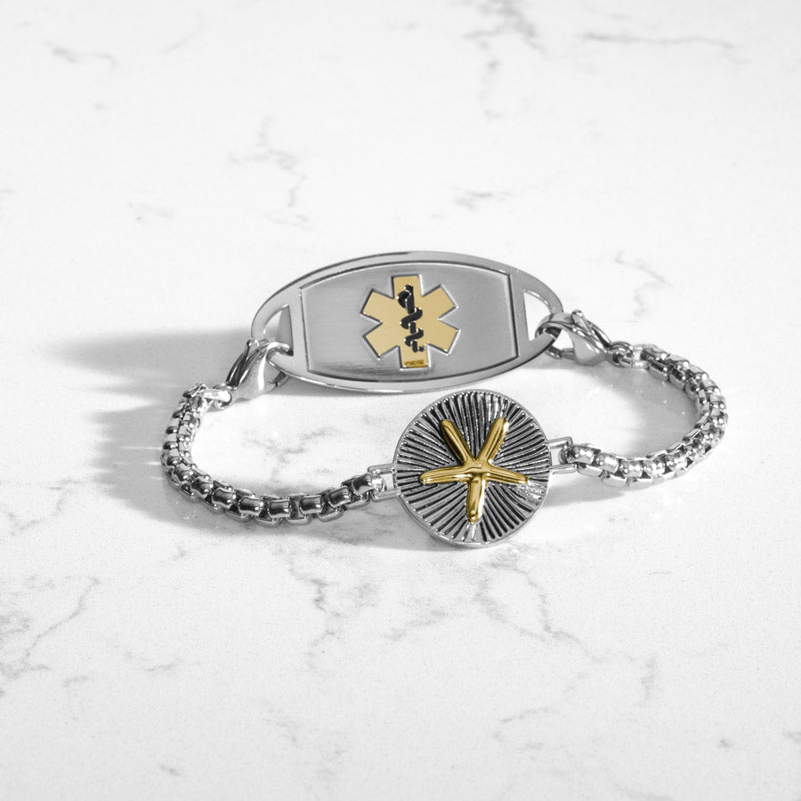 Silver Medical ID box chain bracelet with gold and silver tone Sand Dollar centerpiece and stainless steel medical ID tag in silver featuring a gold Medical symbol.