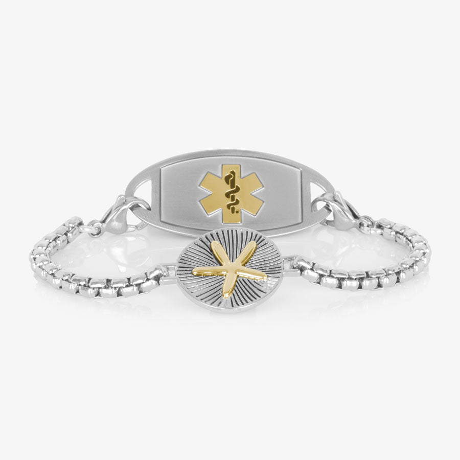 Silver Medical ID box chain bracelet with gold and silver tone Sand Dollar centerpiece and stainless steel medical ID tag in silver featuring a gold Medical symbol.