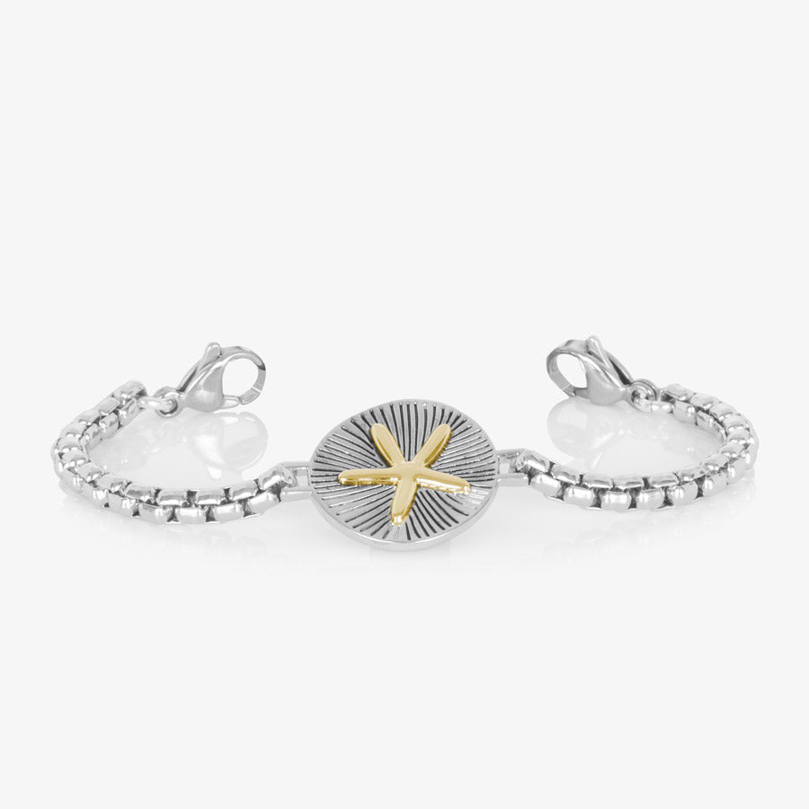 Silver Medical ID box chain bracelet with gold and silver tone Sand Dollar centerpiece 