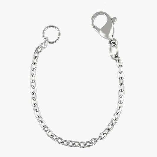 4" silver tone stainless necklace extender with lobster clasp and o-ring each attached to a necklace chain. White background