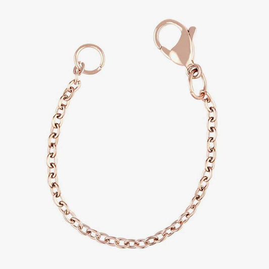 4” rose tone stainless necklace extender with lobster clasp and o-ring, each attached to a necklace chain. White background