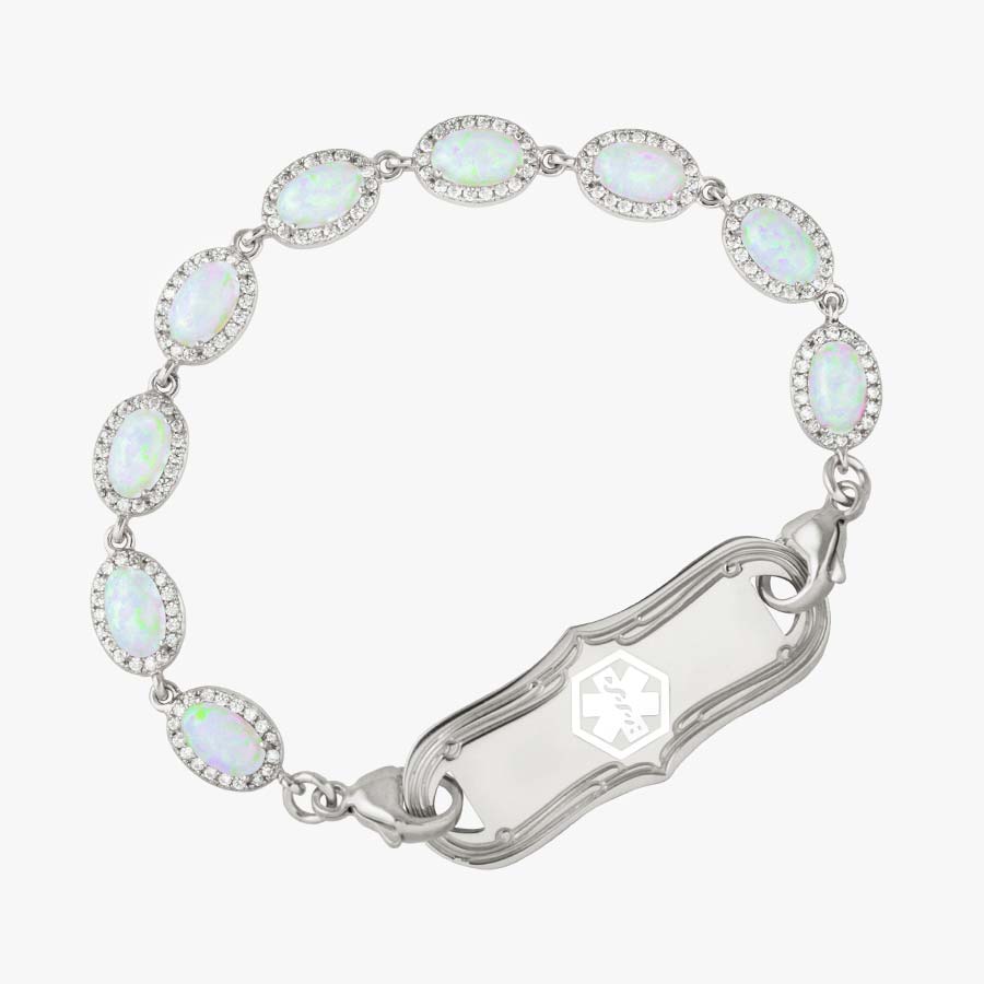 Opal Medical ID Bracelet in Sterling Silver. Oval-shaped opals, cubic zirconia, with the La Petite White Caduceus Med ID Tag