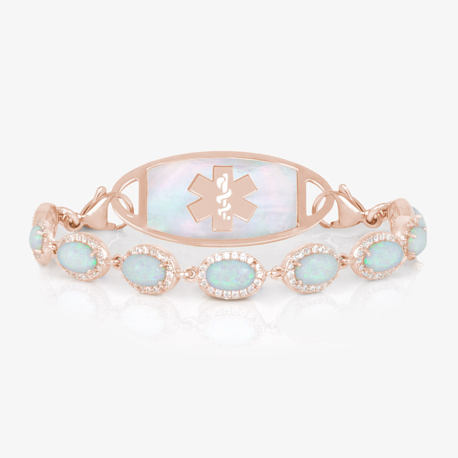 14k rose gold vermeil medical ID alert chain bracelet with beautiful opal stone links on rose gold and mother of pearl medical ID tag