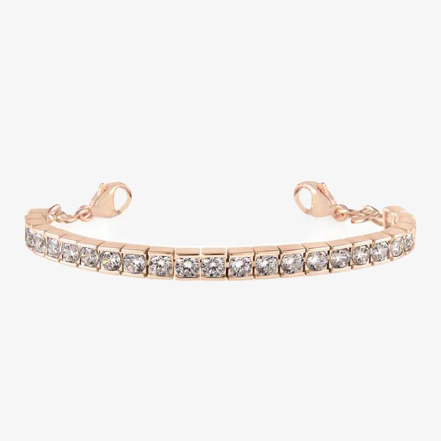 Rose gold tone medical ID tennis bracelet with pave set cubic zirconia crystals with rose gold tone lobster clasps at each end of the bracelet.