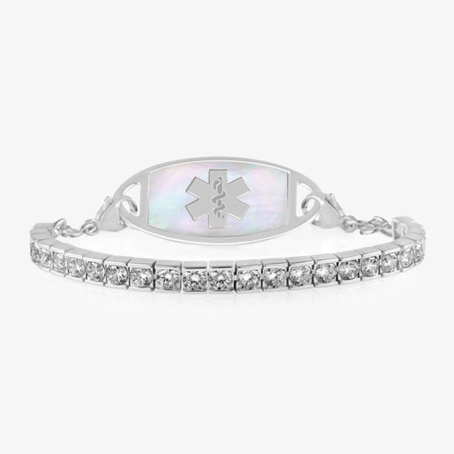 Sterling Silver Audrey Medical ID Tennis Bracelet with clear crystals and silver tone medical ID tag with decorative edge