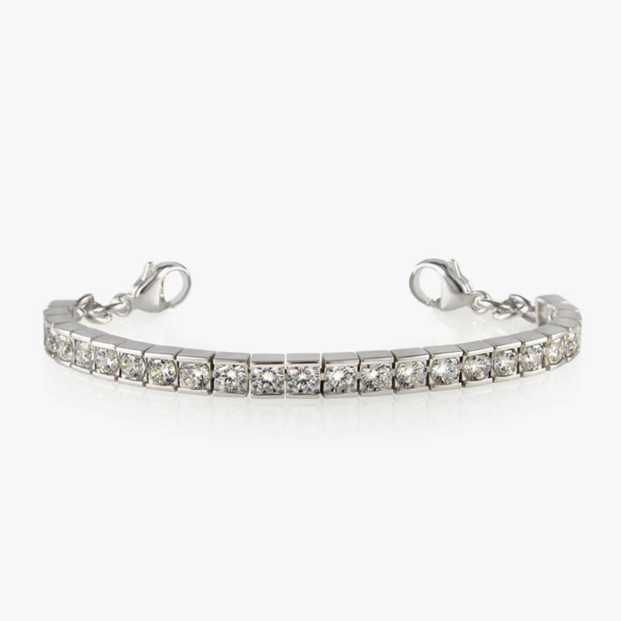 Stainless steel and crystal tennis bracelet style strand that attaches to a medical ID tag.