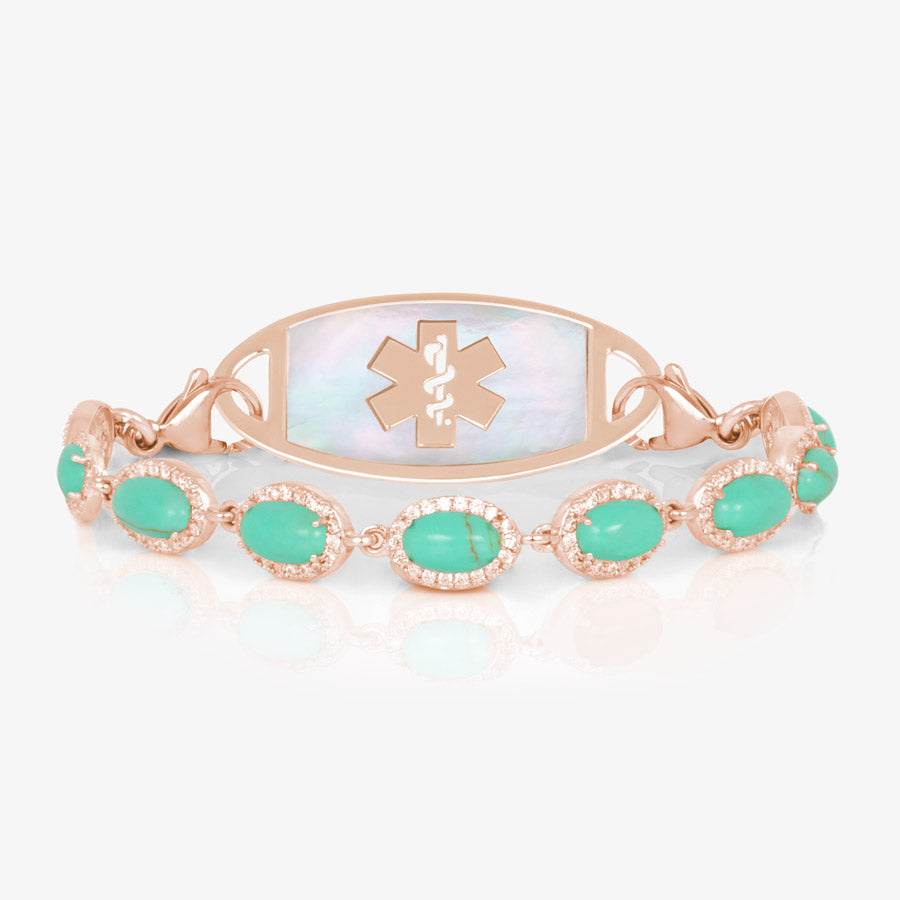 Rose gold and turquoise medical ID chain bracelet in 14k rose gold vermeil over sterling silver