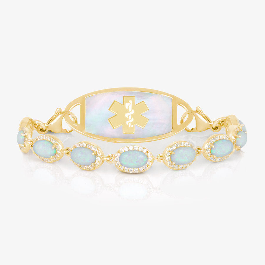 12k gold vermeil medical ID alert chain bracelet with beautiful opal stone links on gold and mother of pearl medical ID tag