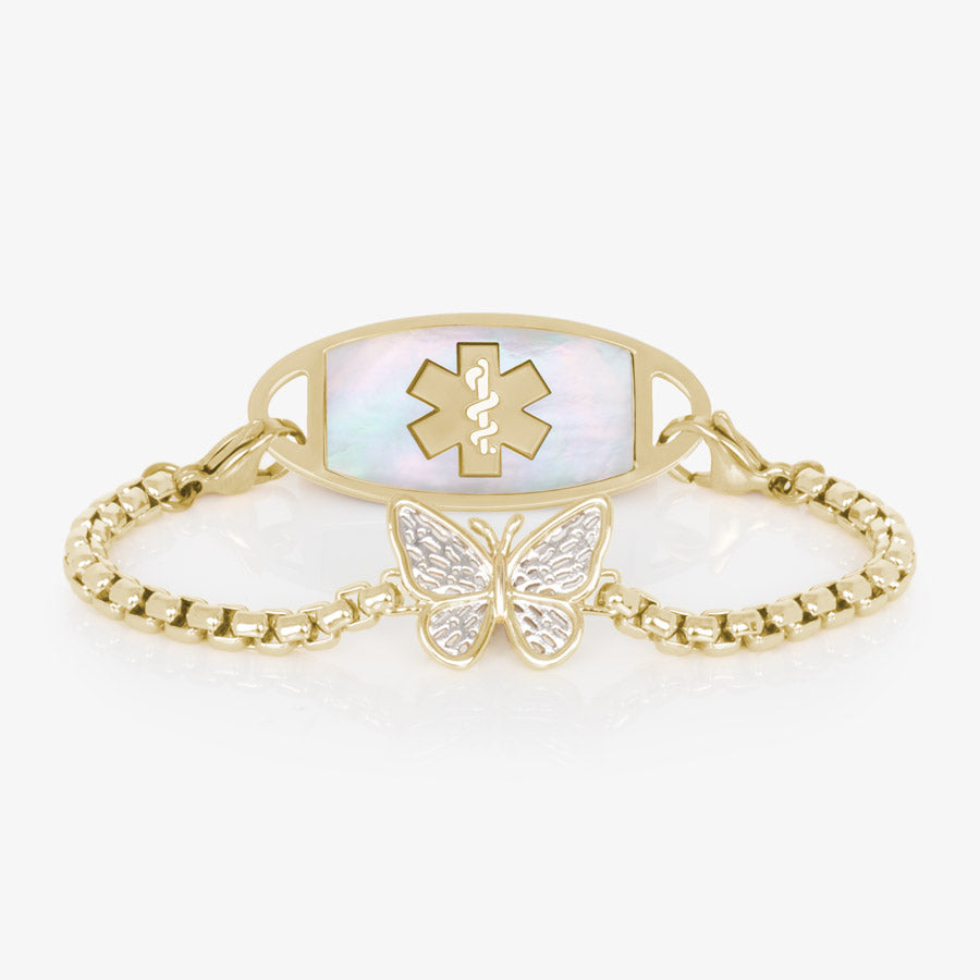 12k gold plated medical ID bracelet featuring a linked chain and  gold plated butterfly centerpiece with decorative silver details