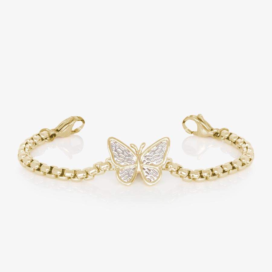 12k gold plated medical ID bracelet featuring a linked chain and gold plated butterfly centerpiece with decorative silver details