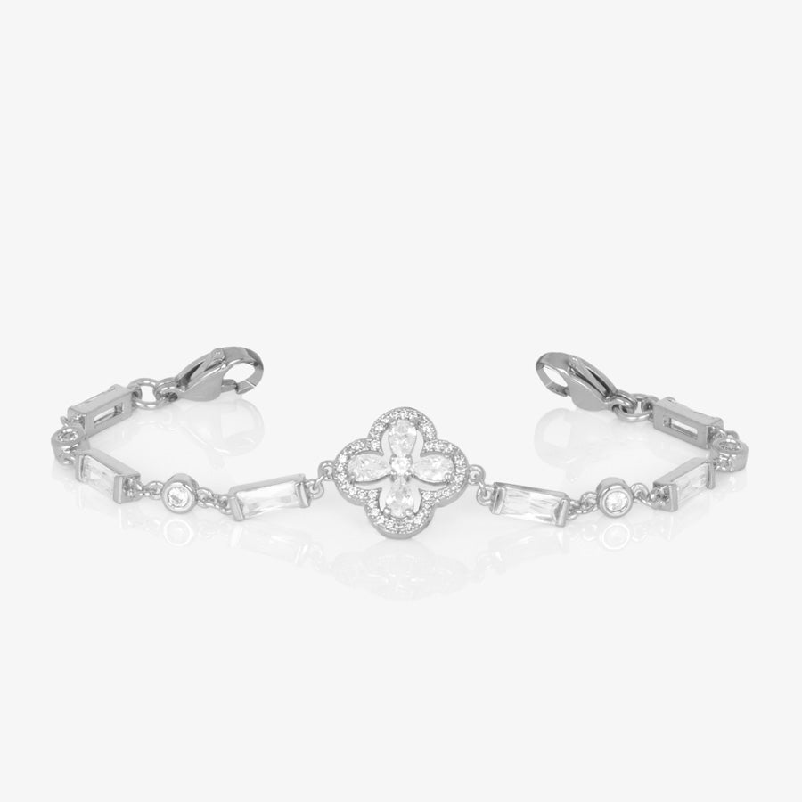 Rhodium plated medical ID bracelet with decorative cubic zirconia links and clover shaped centerpiece