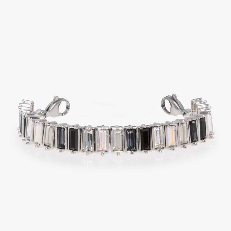 Silver tone medical ID tennis bracelet with black, gray, and clear crystals and stainless steel lobster clasps at each end.