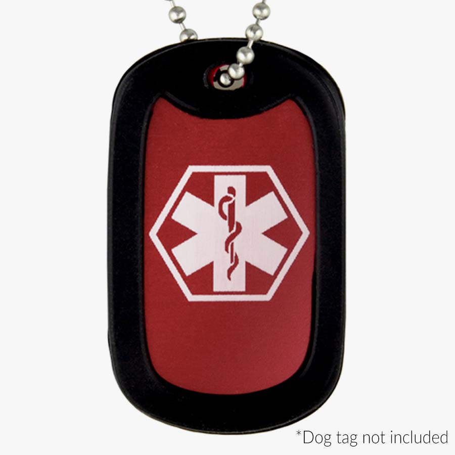 Red Medical ID Dog Tag Necklace. 1.25” x 2” red aluminum dog tag with white caduceus and black silencer. On a 24-inch chain