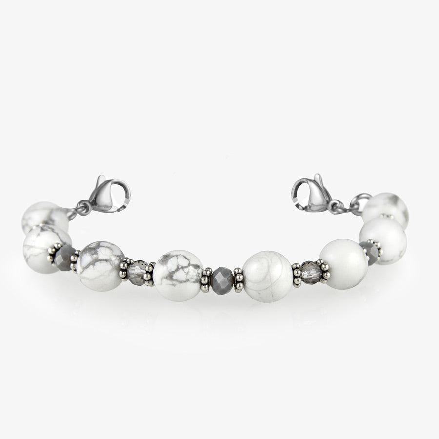 White marbled beaded stretch medical ID bracelet finished with stainless steel lobster clasps at each end.