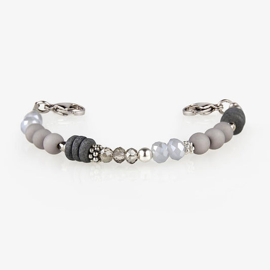 Gray beaded stretch medical ID bracelet with silver finishes