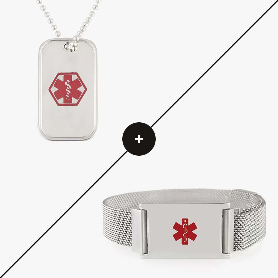 Stainless steel dog tag med ID necklace and linked style  med ID bracelet.