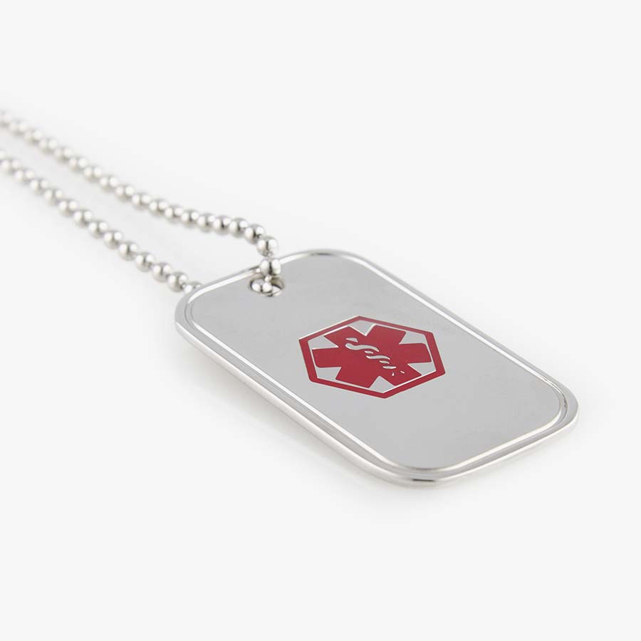 Stainless steel medical ID dog tag necklace with stainless steel ball chain.