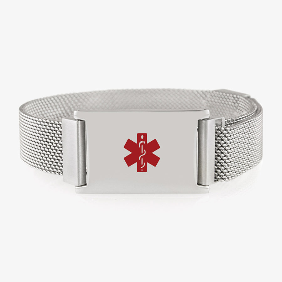 Stainless steel medical ID bracelet with mesh band and magnetic clasp