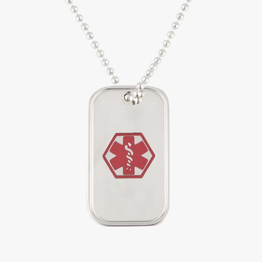 Stainless steel medical ID dog tag necklace with stainless steel ball chain.