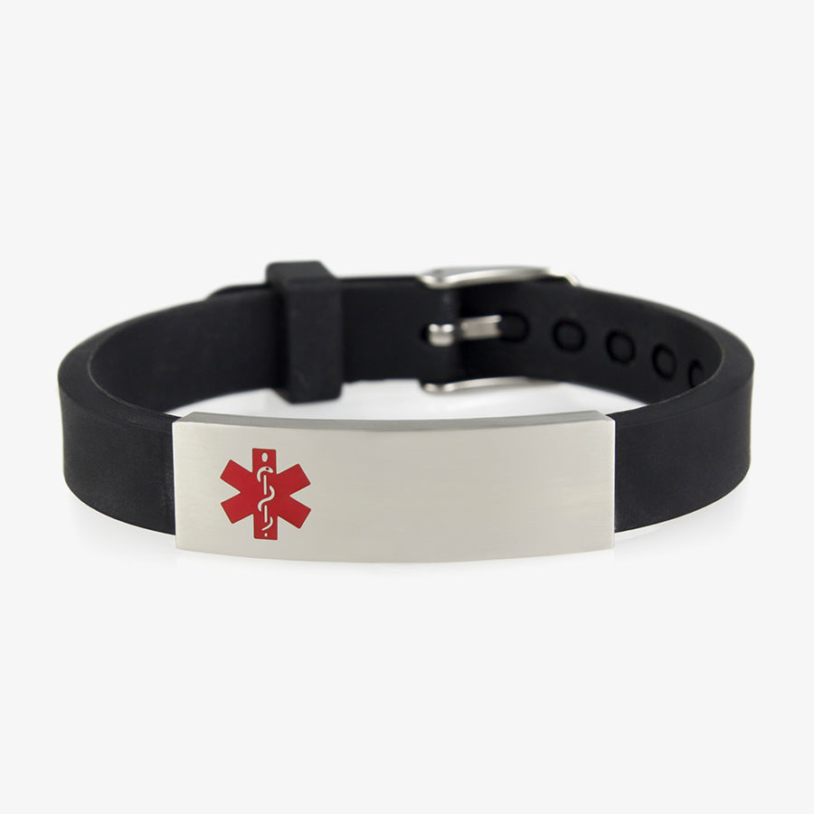 Adjustable black silicone band with belt buckle closure holds a stainless ID tag with red caduceus symbol.