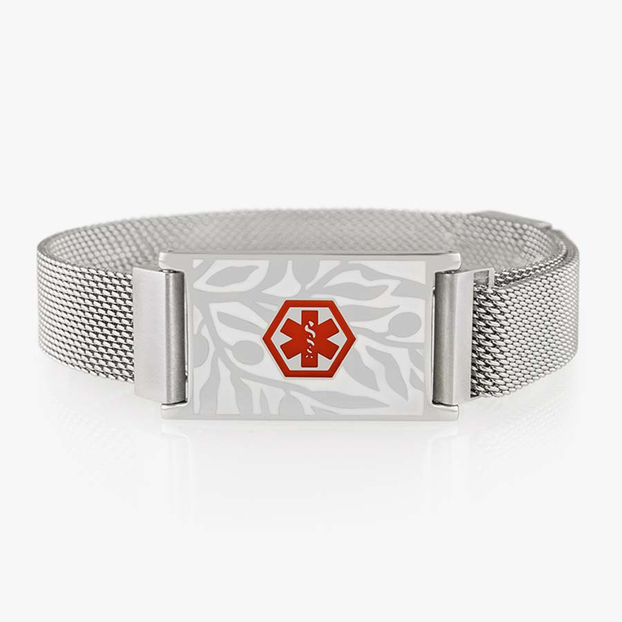 Front of silver-tone stainless Urban Medical Alert bracelet with mesh chain, magnetic closure, floral design