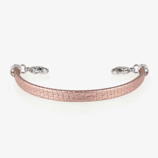 Pink metallic leather medical ID bracelet with snake skin texture and silver finishes