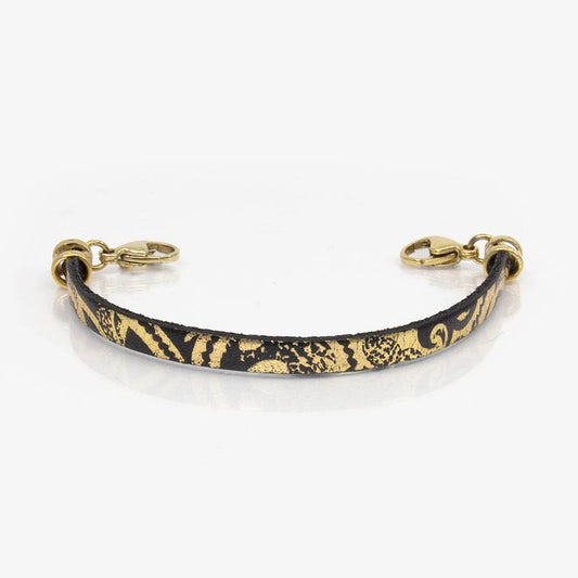 Black leather medical ID bracelet with gold paisley design and gold lobster clasps